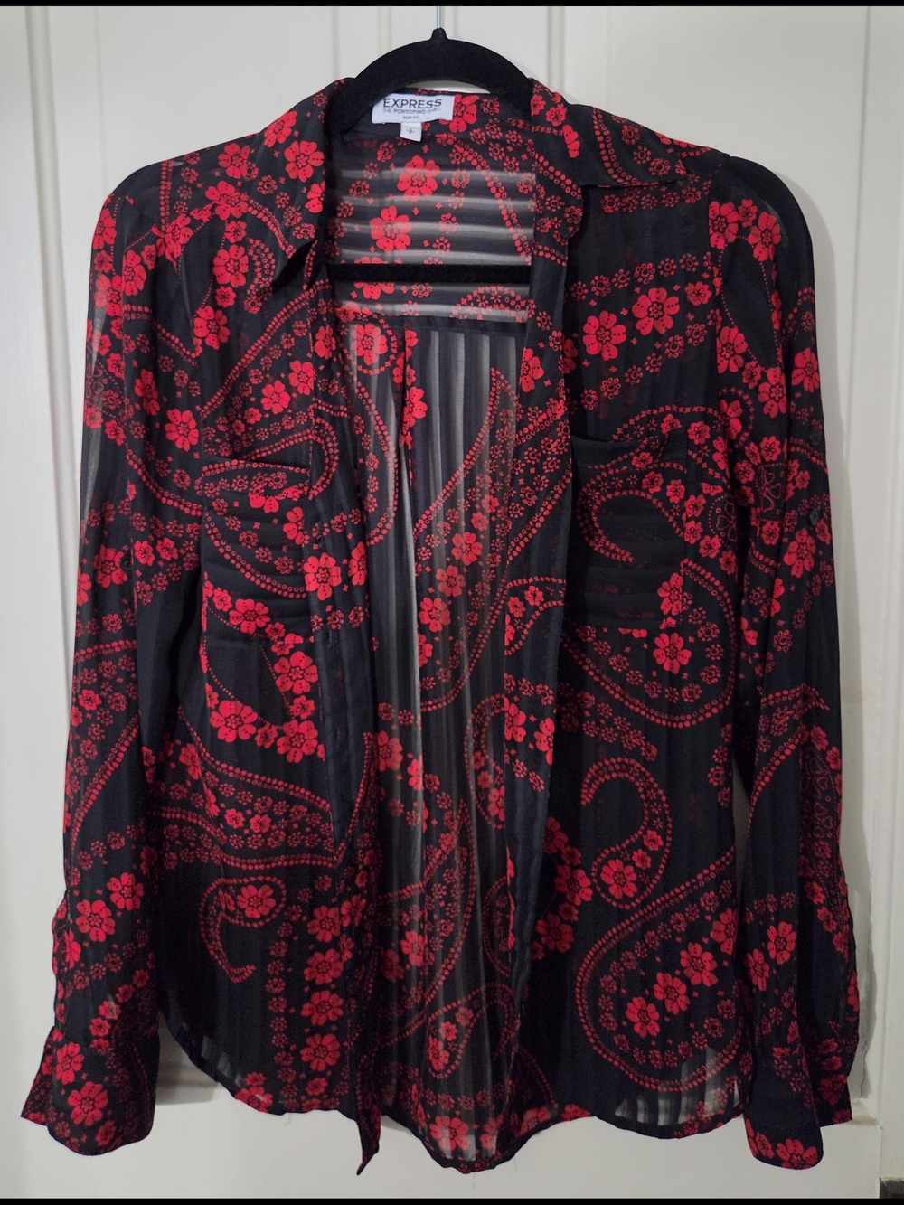Express Portofino Shirt - Black & Red Floral Paisley Button-Down